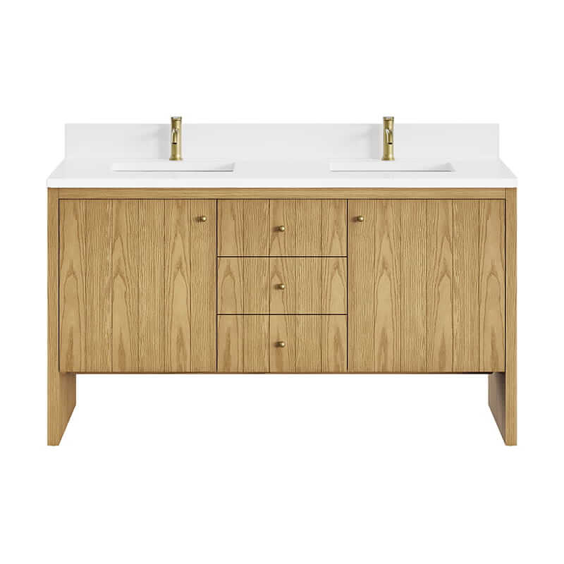 Hudson 60" Double Vanity in Light Natural Oak With Single Hole Faucet White Zeus Silestone Top Backsplash