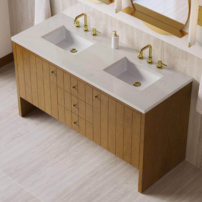 Hudson 60 inch Double Vanity Honey Oak in Siberian Silestone Top