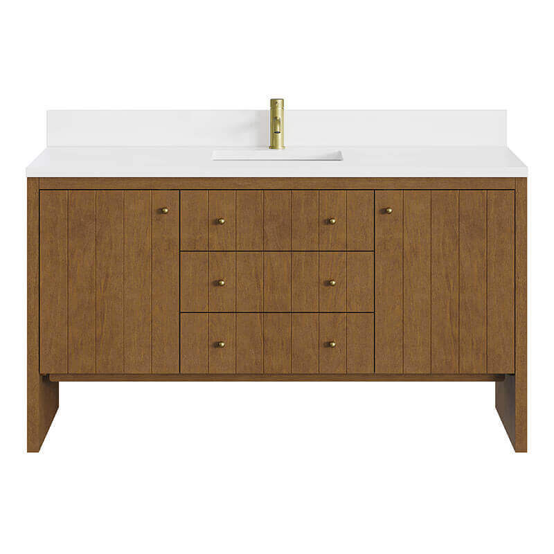 Hudson 60 inch Single Vanity Honey Oak in Single Hole Faucet White Zeus Silestone Top & Backsplash