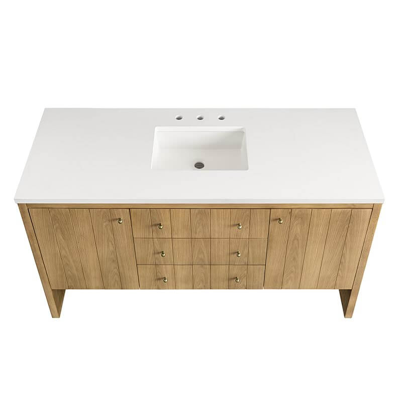 Hudson 60 Inch Single Vanity in Light Natural Oak Top Front View With Countertop Only