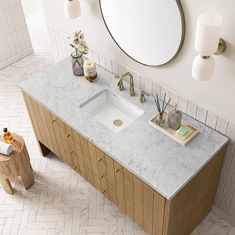 Hudson 60 Inch Single Vanity in Light Natural Oak With Eternal Jasmine Pearl Top