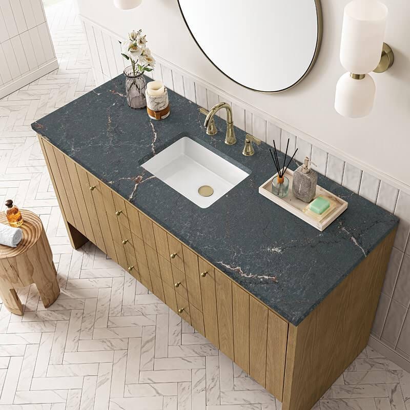 Hudson 60 Inch Single Vanity in Light Natural Oak With Parisien Bleu Top