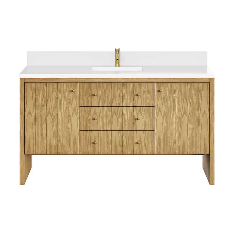 Hudson 60 Inch Single Vanity in Light Natural Oak With Single Hole Faucet White Zeus Silestone Top Backsplash