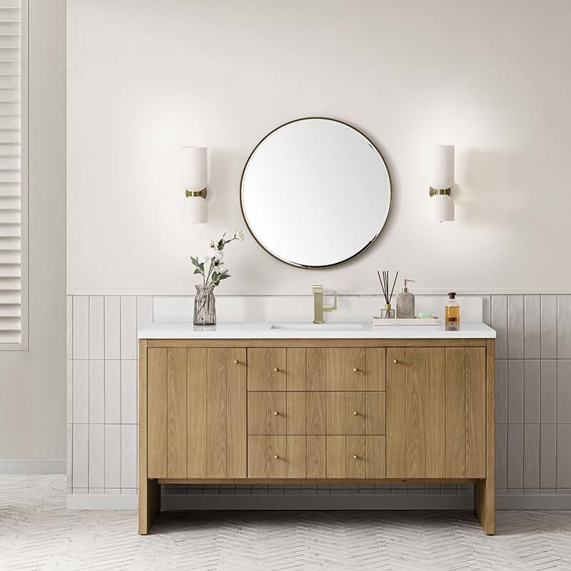 Hudson 60" Single Vanity in Light Natural Oak With Single Hole Faucet White Zeus Top Backsplash