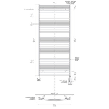 ICO Bath 23.5" x 51" Blenheim Towel Warmer Hardwired Technical Drawing