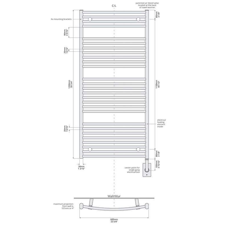 ICO Bath 23.5" x 51" Blenheim Towel Warmer Hardwired Technical Drawing