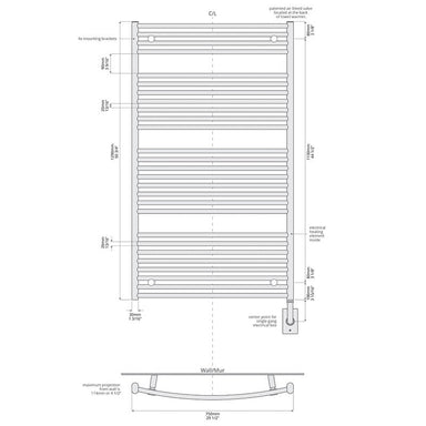 ICO Bath 29.5" x 51" Blenheim Towel Warmer Hardwired Techinical Drawings