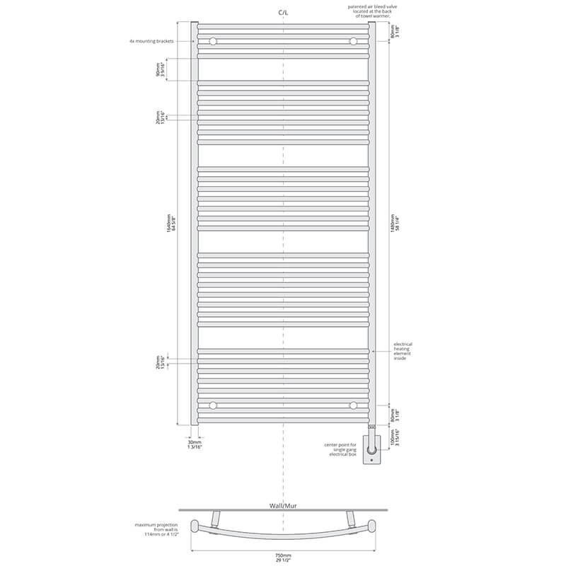 ICO Bath 29.5" x 64.5" Blenheim Towel Warmer Technical Drawings Hardwired