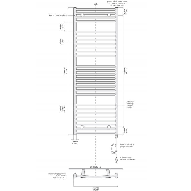 ICO Bath Blenheim 17.5" x 51" Towel Warmer Plug in Technical Drawing