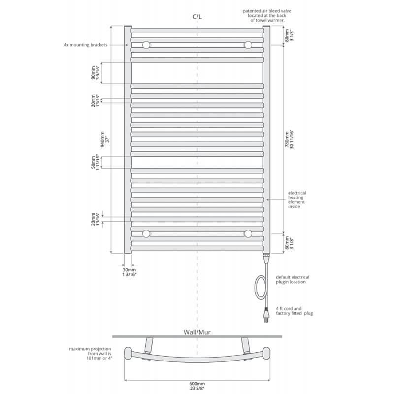 ICO Bath Blenheim 23.5" x 37" Towel Warmer Technical Drawing Plug IN