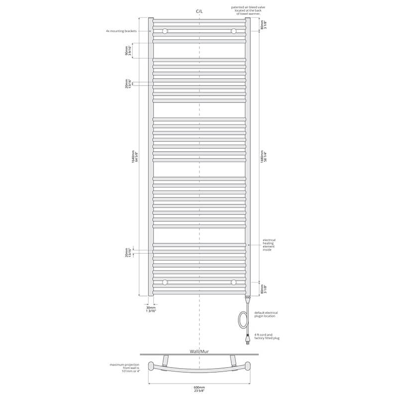 ICO Bath Blenheim 23.5" x 64.5" Towel Warmer Technical Drawings Plug IN