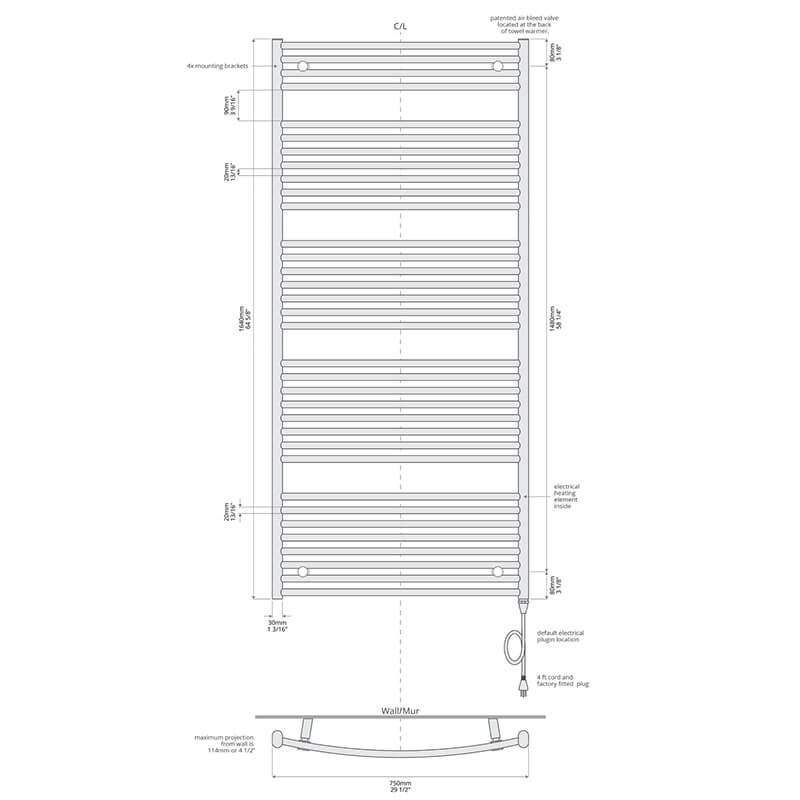 ICO Bath Blenheim 29.5 x 64.5 Inch Towel Warmer Technical Drawings Plug In