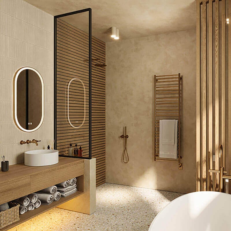 ICO Bath Kiara Led Mirror Brushed Gold Corner View Bathroom Set Up