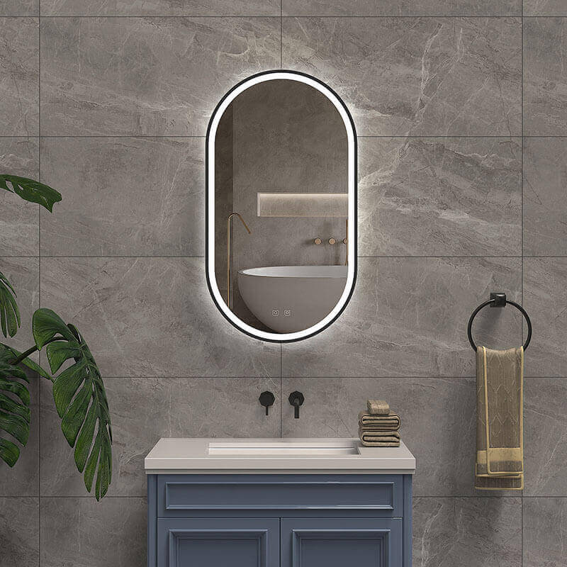 ICO Bath Kiara Led Mirror Matte Black Front View Bathroom Set Up