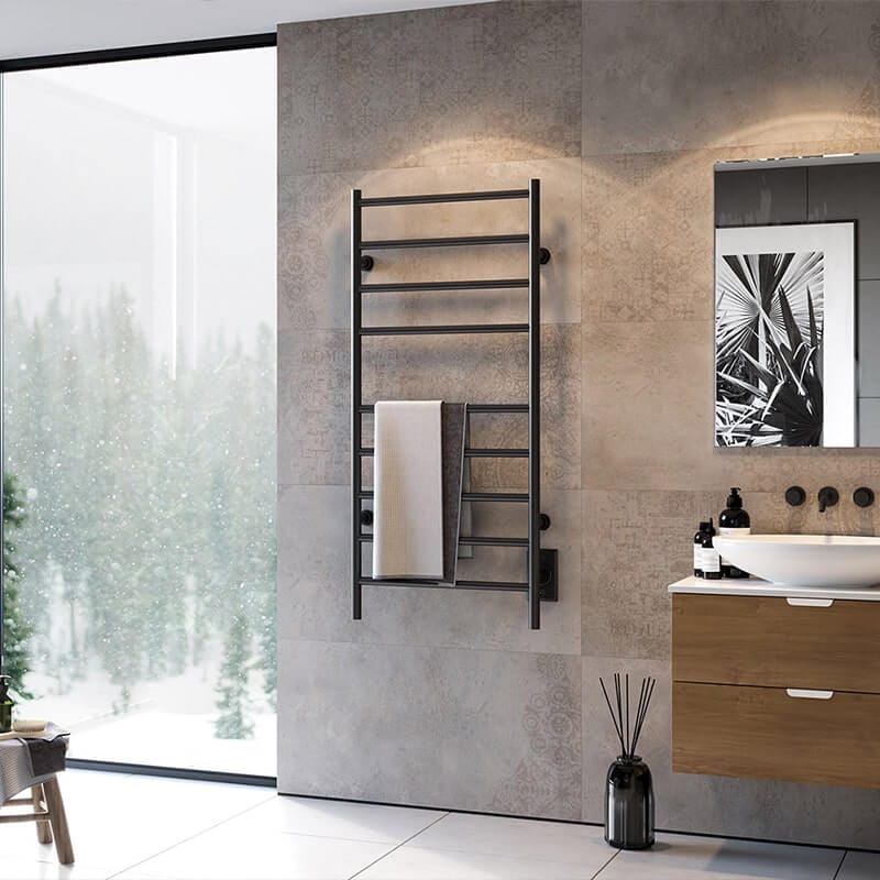 ICO Bath Kontour Linear 18" x 40" Towel Warmer Corner View Lifestyle