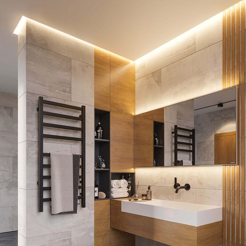 ICO Bath Kontour Square 24 X 40 Towel Warmer Corner View Bathroom Set Up