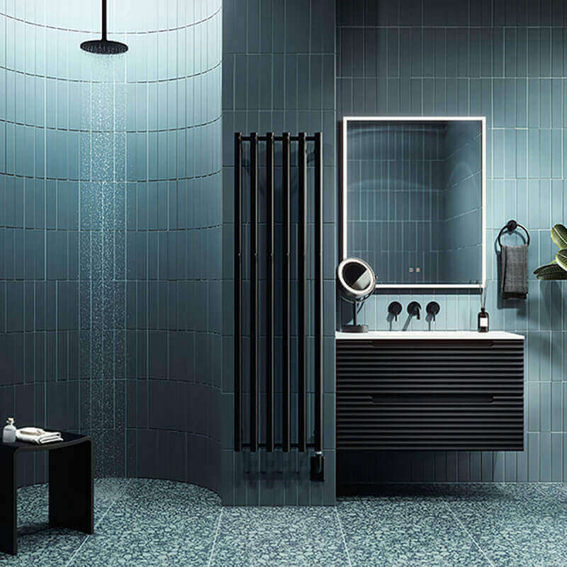 ICO Bath Tuzio Rosendal 10.5 X 37.5 Towel Warmer Matte Black Bathroom Set Up