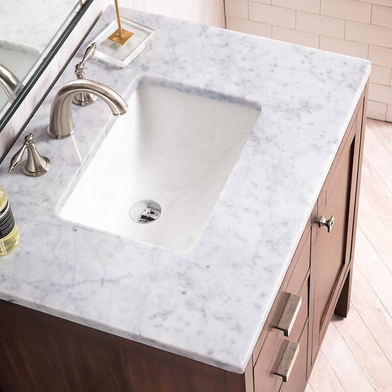 James Martin Addison 30 Inch Single Vanity in Mid Century Acacia With Carrara White Top