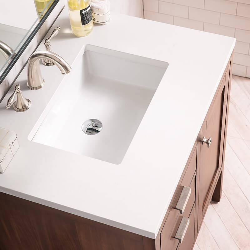 James Martin Addison 30 Inch Single Vanity in Mid Century Acacia With White Zeus Silestone Top