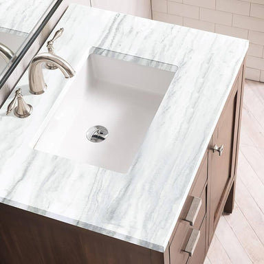 James Martin Addison 30" Single Vanity in Mid Century Acacia With Arctic Fall Solid Surface Top