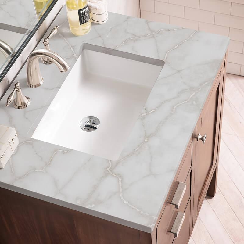 James Martin Addison 30" Single Vanity in Mid Century Acacia With Victorian Silver Silestone Top