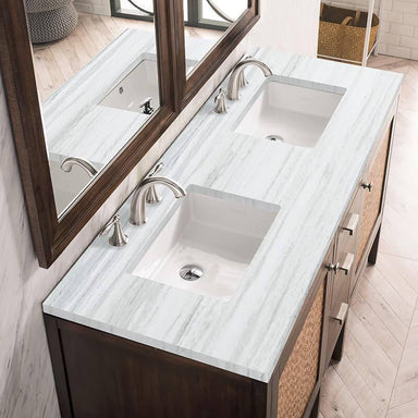 James Martin Addison 60" Double Vanity in Mid Century Acacia With Arctic Fall Solid Surface Top