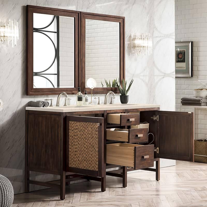 James Martin Addison 60" Double Vanity in Mid Century Acacia With Eternal Marfil Silestone Top