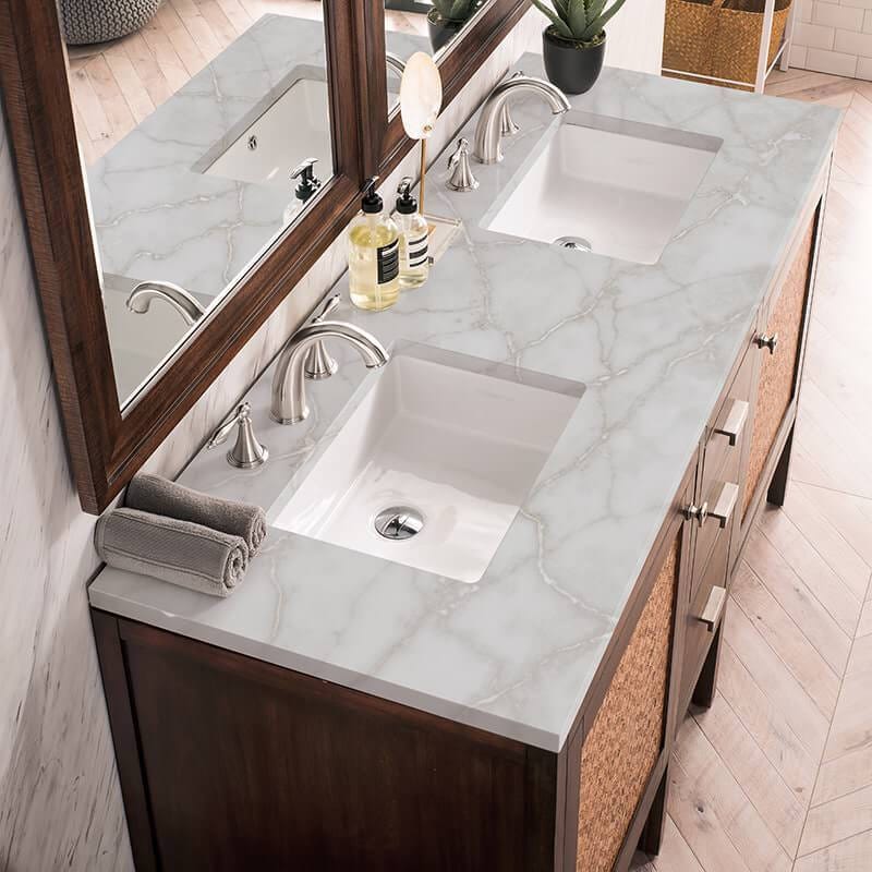 James Martin Addison 60" Double Vanity in Mid Century Acacia With Victorian Silver Silestone Top
