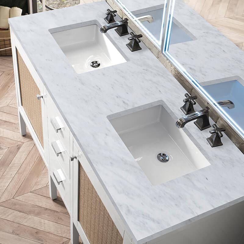 James Martin Addison 60 Inch Double Vanity in Glossy White With Carrara White Top