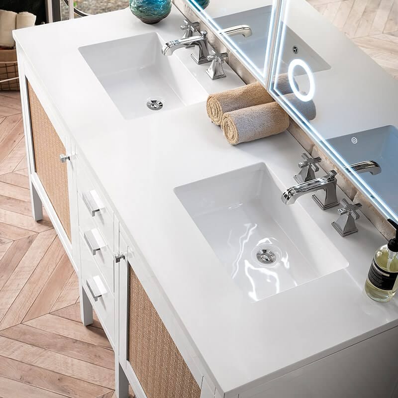 James Martin Addison 60 Inch Double Vanity in Glossy White With White Zeus Silestone Top