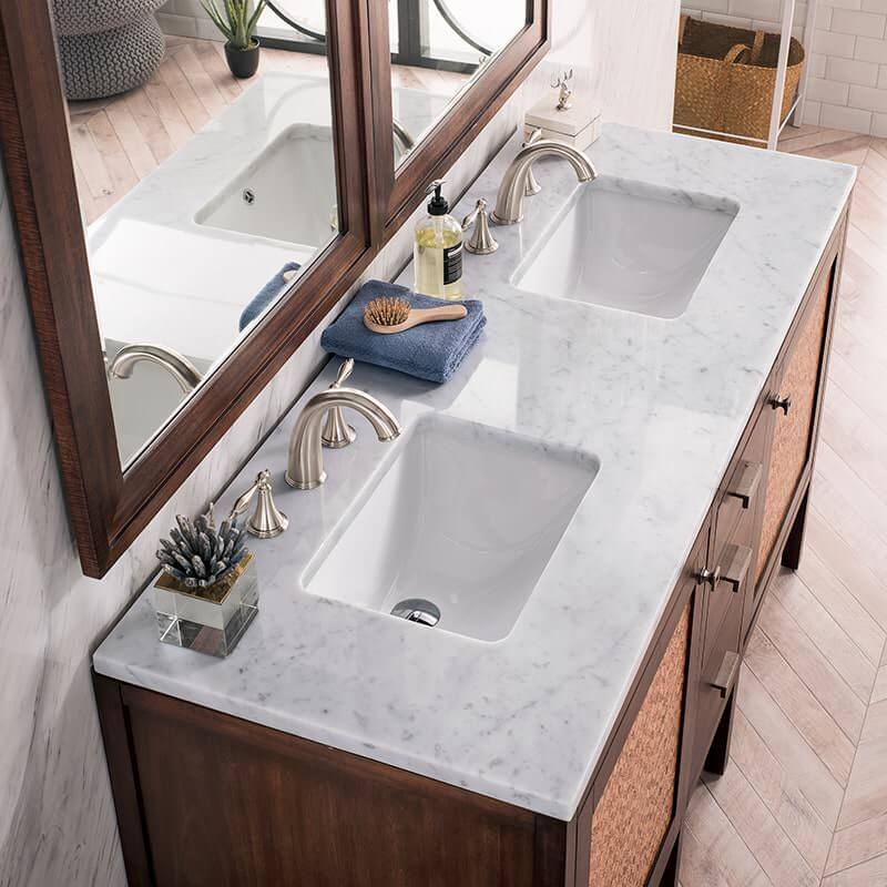 James Martin Addison 60 Inch Double Vanity in Mid Century Acacia With Carrara White Top