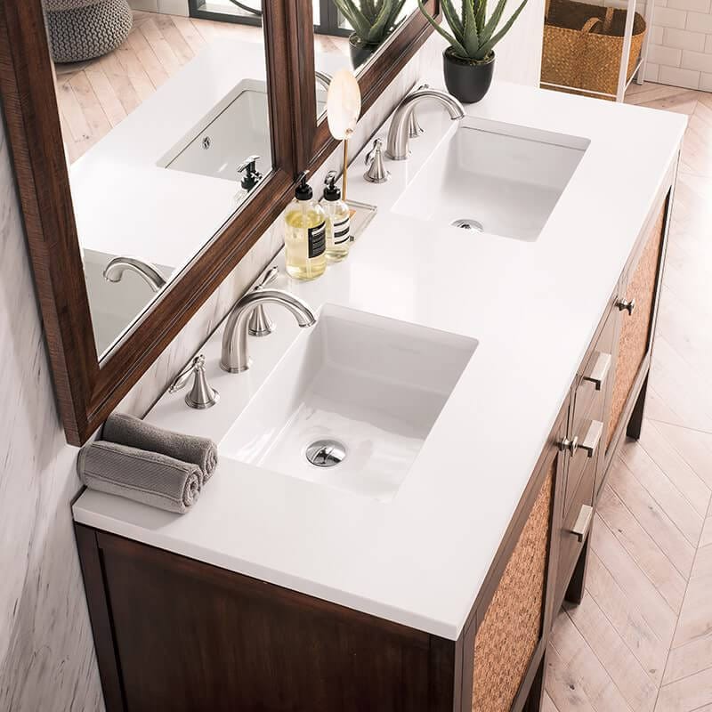 James Martin Addison 60 Inch Double Vanity in Mid Century Acacia With White Zeus Silestone Top