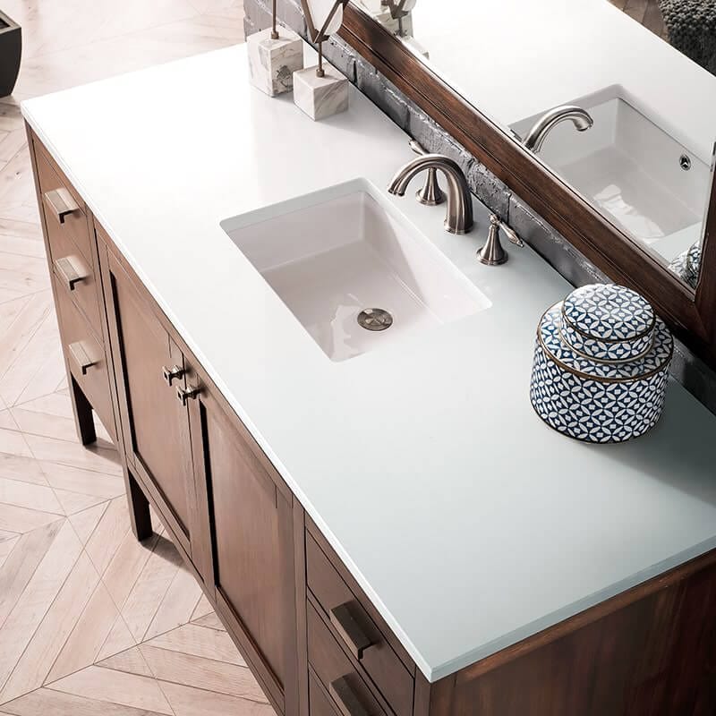 James Martin Addison 60 Inch Single Vanity in Mid Century Acacia With White Zeus Silestone Top