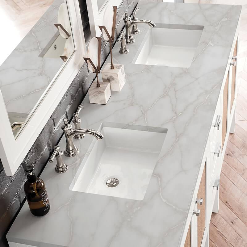 James Martin Addison 72" Double Vanity in Glossy White With Victorian Silver Silestone Top