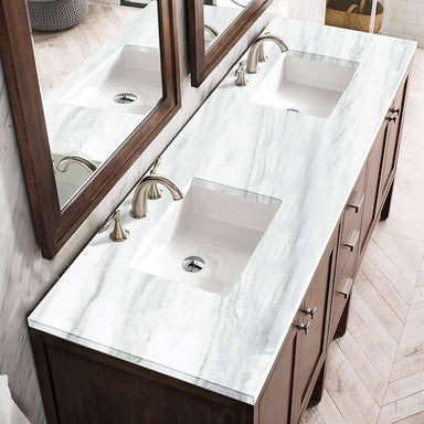 James Martin Addison 72" Double Vanity in Mid Century Acacia With Arctic Fall Solid Surface Top