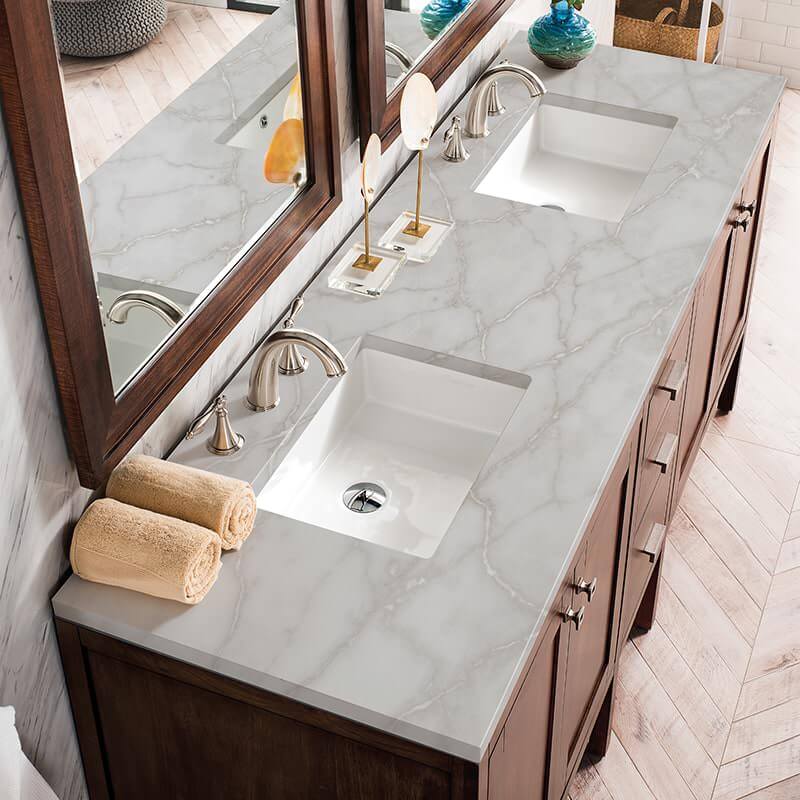 James Martin Addison 72" Double Vanity in Mid Century Acacia With Victorian Silver Silestone Top