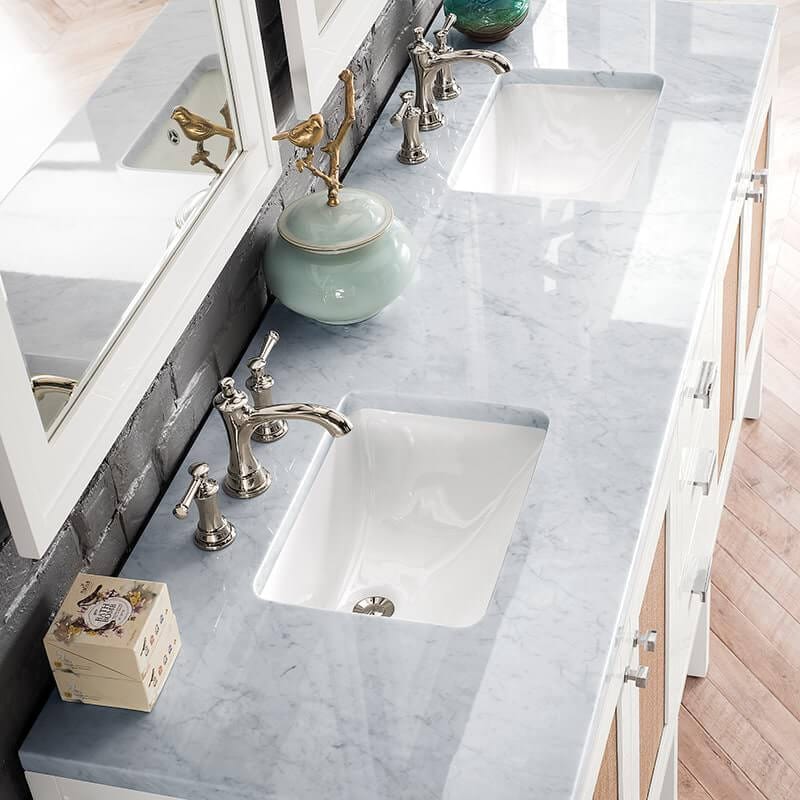 James Martin Addison 72 Inch Double Vanity in Glossy White With Carrara White Top