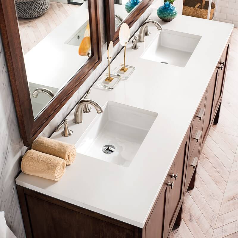 James Martin Addison 72 Inch Double Vanity in Mid Century Acacia With White Zeus Silestone Top