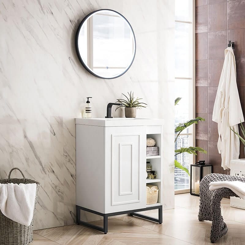 James Martin Alicante 24 Inches Single Vanity Glossy White Matte Black Hardware
