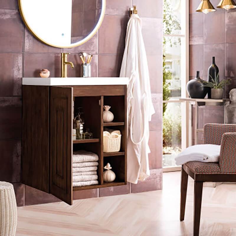 James Martin Alicante 24 Inches Single Wall Mount Vanity Mid Century Acacia Open Cabinet