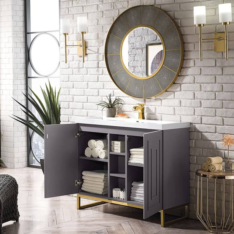 James Martin Alicante 39.5 Inches Single Vanity Gray Smoke Radiant Gold Side View Open Cabinet