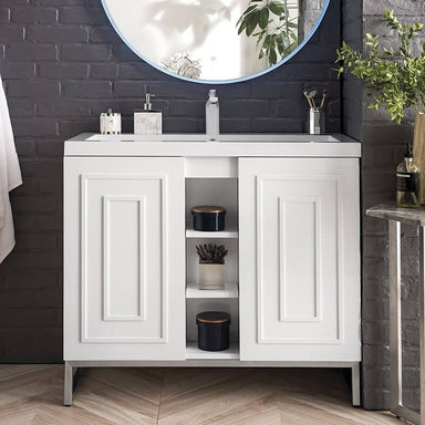 James Martin Alicante 39.5" Single Vanity Glossy White Brushed Nickel Front View