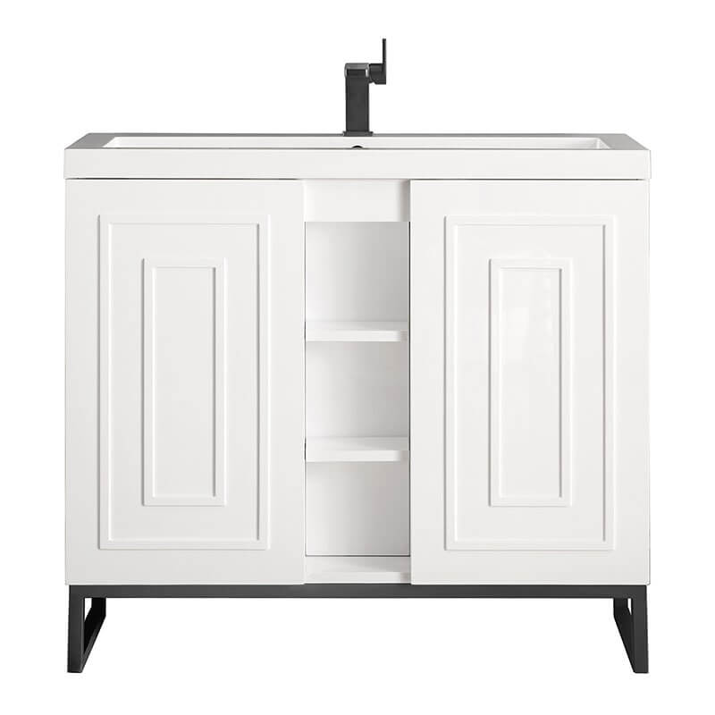 James Martin Alicante 39.5" Single Vanity Glossy White Matte Black Front View in White Background