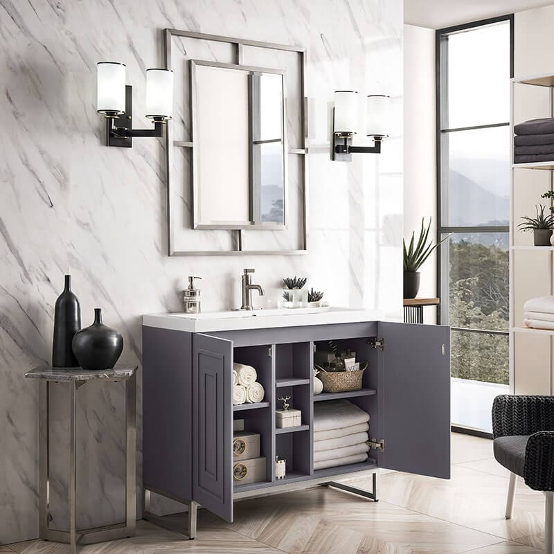 James Martin Alicante 39.5" Single Vanity Gray Smoke Side View Open Cabinet