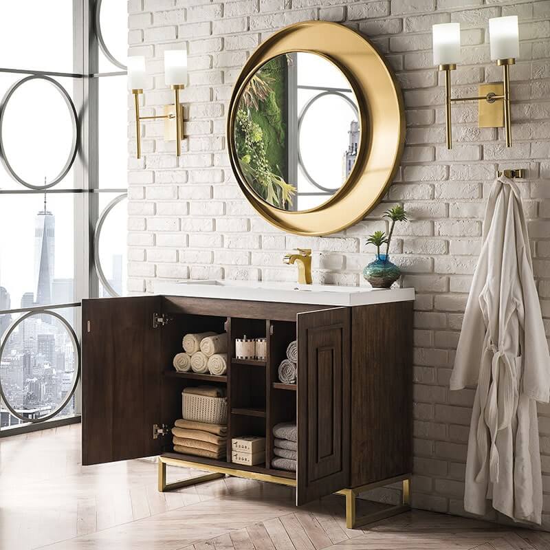 James Martin Alicante 39.5" Single Vanity Mid Century Acacia Radiant Gold Open Cabinet