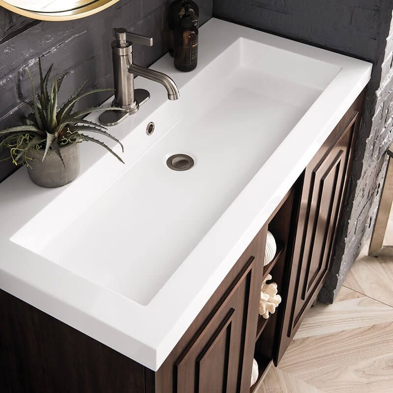 James Martin Alicante 39.5" Single Vanity Mid Century Acacia White Glossy Composite Stone Top