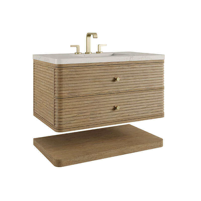 James Martin Allamari 36 Inch Single Vanity Dune Mist in Siberian Silestone Top Corner View