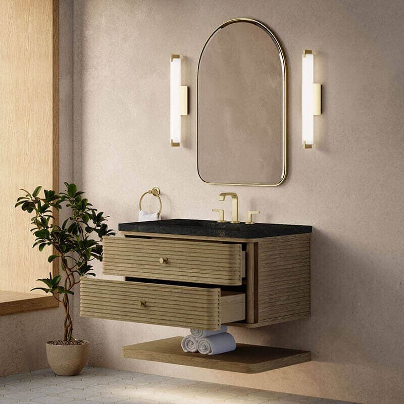James Martin Allamari 36" Single Vanity Dune Mist in Phantome Eclos Top Side View Open Drawer