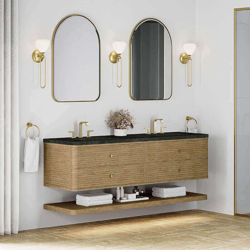 James Martin Allamari 72 Inch Double Vanity Dune Mist in Phantome Eclos Top Corner View