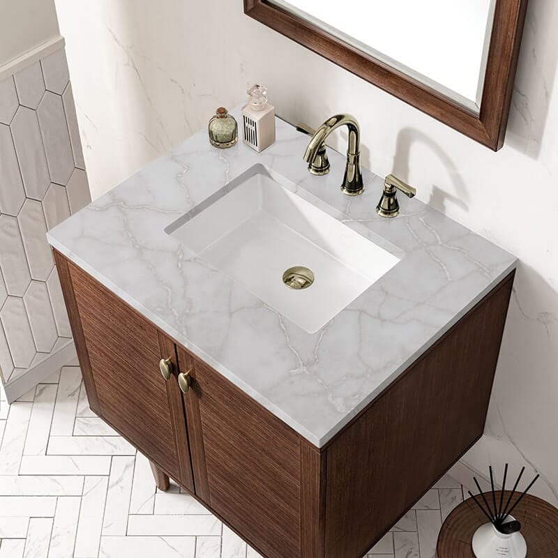 James Martin Amberly 30 Inch Single Vanity Mid Century Walnut Victorian Silver Silestone Top